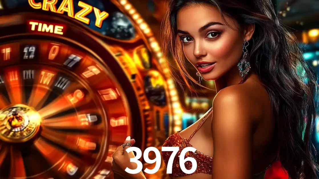 Mulher ao lado da roda de prêmios do jogo de cassino ao vivo Crazy Time, um dos shows de jogos mais emocionantes oferecidos pela plataforma de apostas 3976.