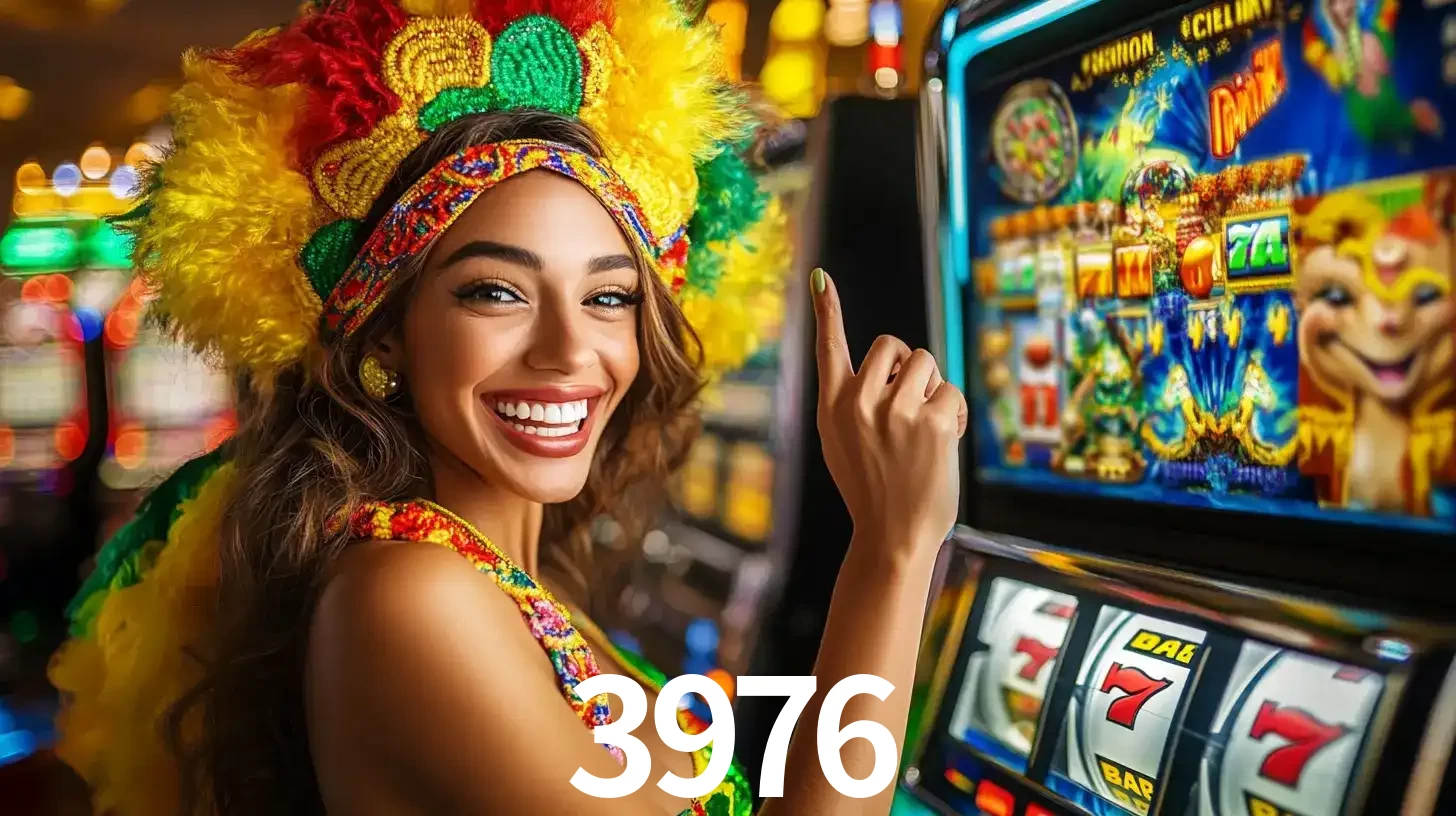 Mulher animada com um cocar de carnaval apontando para uma máquina de caça-níqueis, mostrando a emoção de ganhar um grande prêmio nos jogos do 3976.