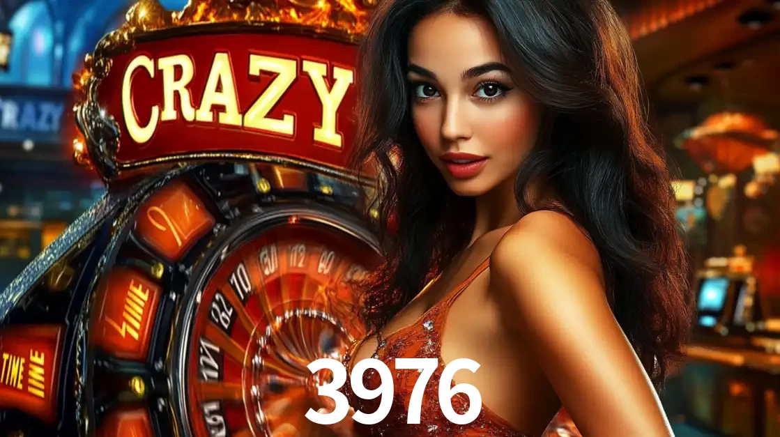 Mulher glamourosa olhando para a câmera com a roda vermelha do Crazy Time ao fundo em um ambiente de cassino, destacando a emoção dos jogos ao vivo no 3976.