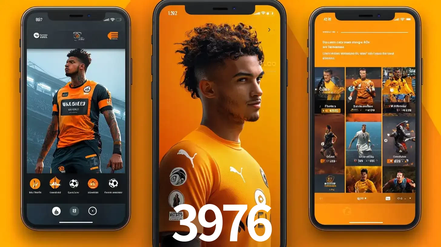 Interface do aplicativo de apostas esportivas 3976 em três telas de celular, mostrando o perfil de um jogador de futebol e a lista de jogos disponíveis para apostar.