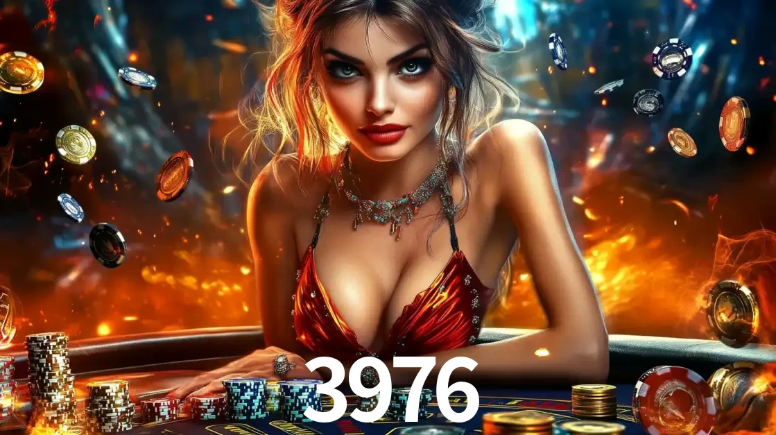 Mulher em uma mesa de cassino com pilhas de fichas e um fundo de fogo, pronta para uma rodada de altas apostas nos jogos de mesa emocionantes do cassino 3976.