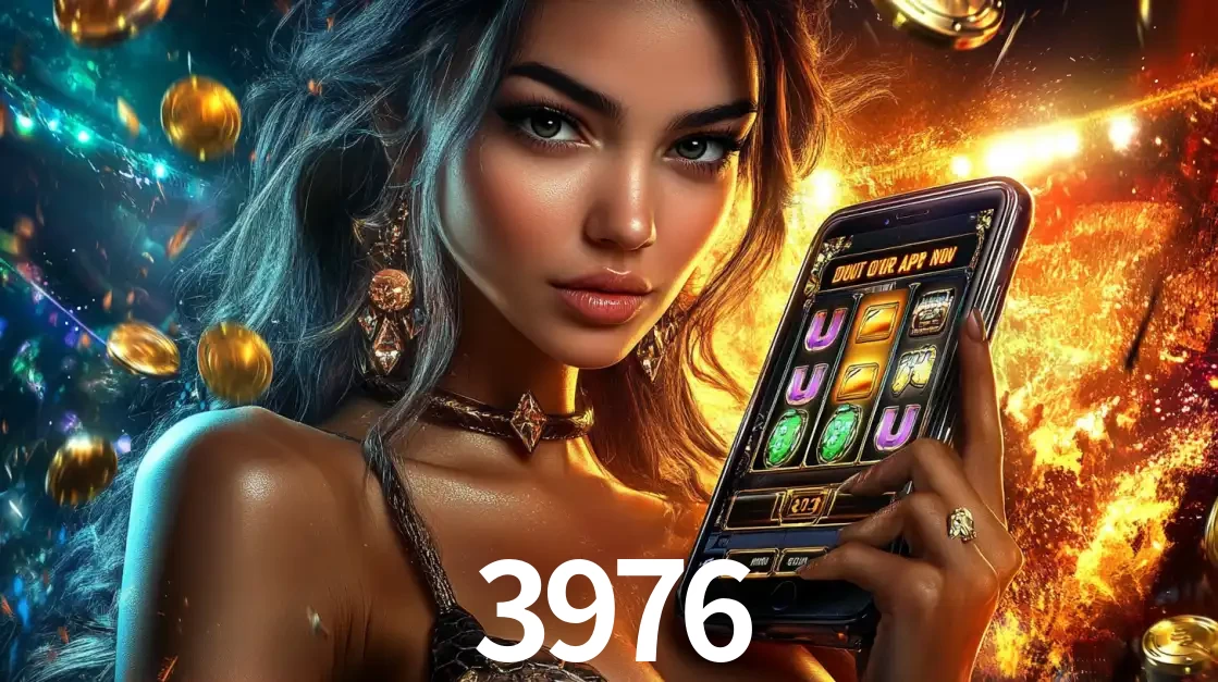 Mulher elegante mostrando um jogo de caça-níqueis em seu smartphone, destacando a experiência de cassino móvel oferecida pelo aplicativo 3976.